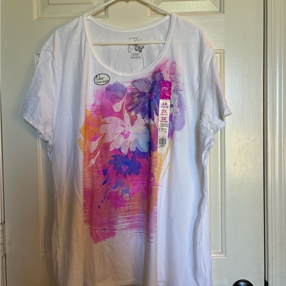 Just My Size White Tee with Pink and Purple Floral Print - Picture 1 of 5